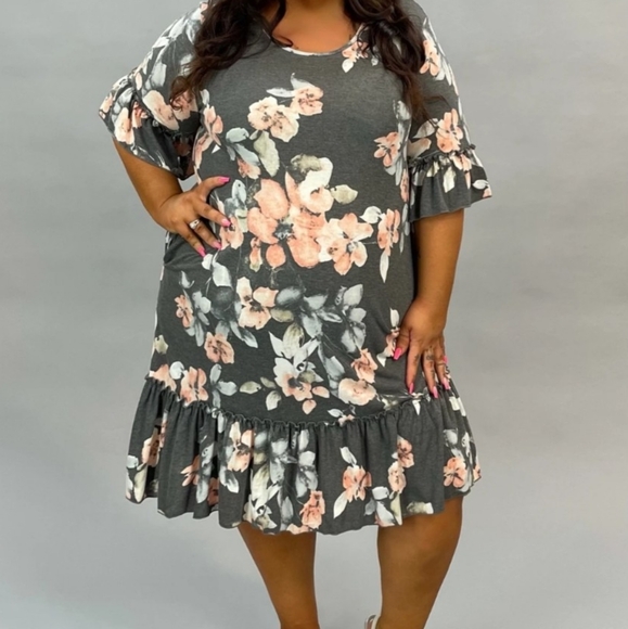 Curvy Dresses & Skirts - Curvy Pink And Gray Flutter Sleeve Dress with Ruffled Tier And Sleeve Size 3X
